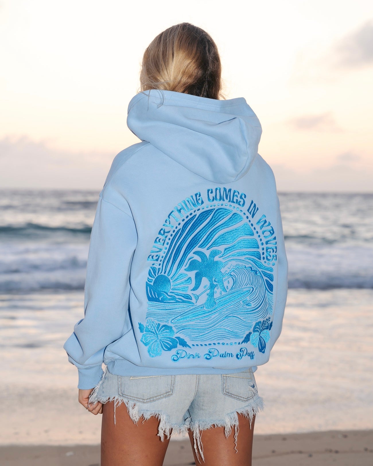 Pink Palm Puff "Everything Comes in Waves” Hoodie in Blue