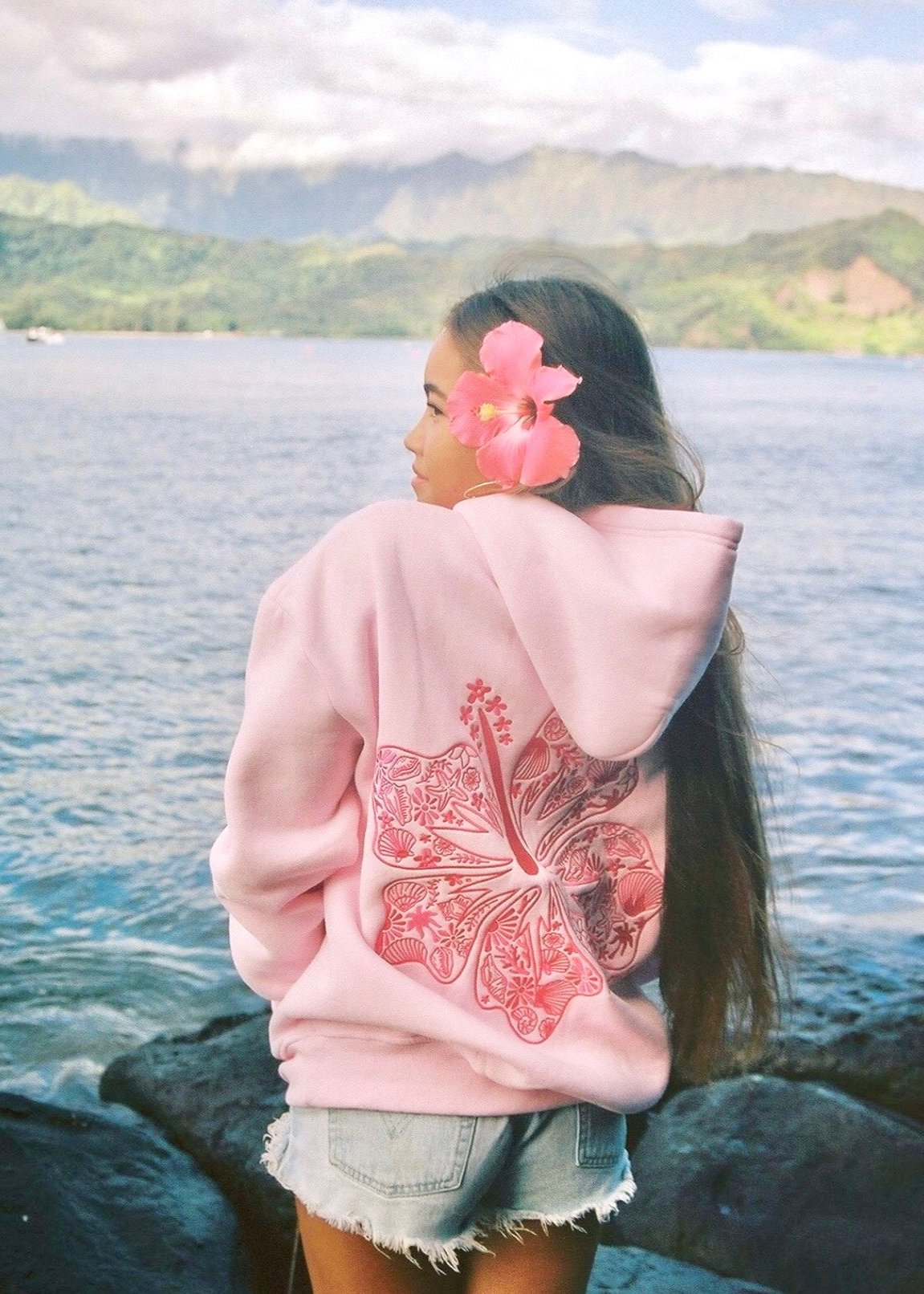 Pink Palm Puff "Hawaii Hibiscus" Hoodie in Blush