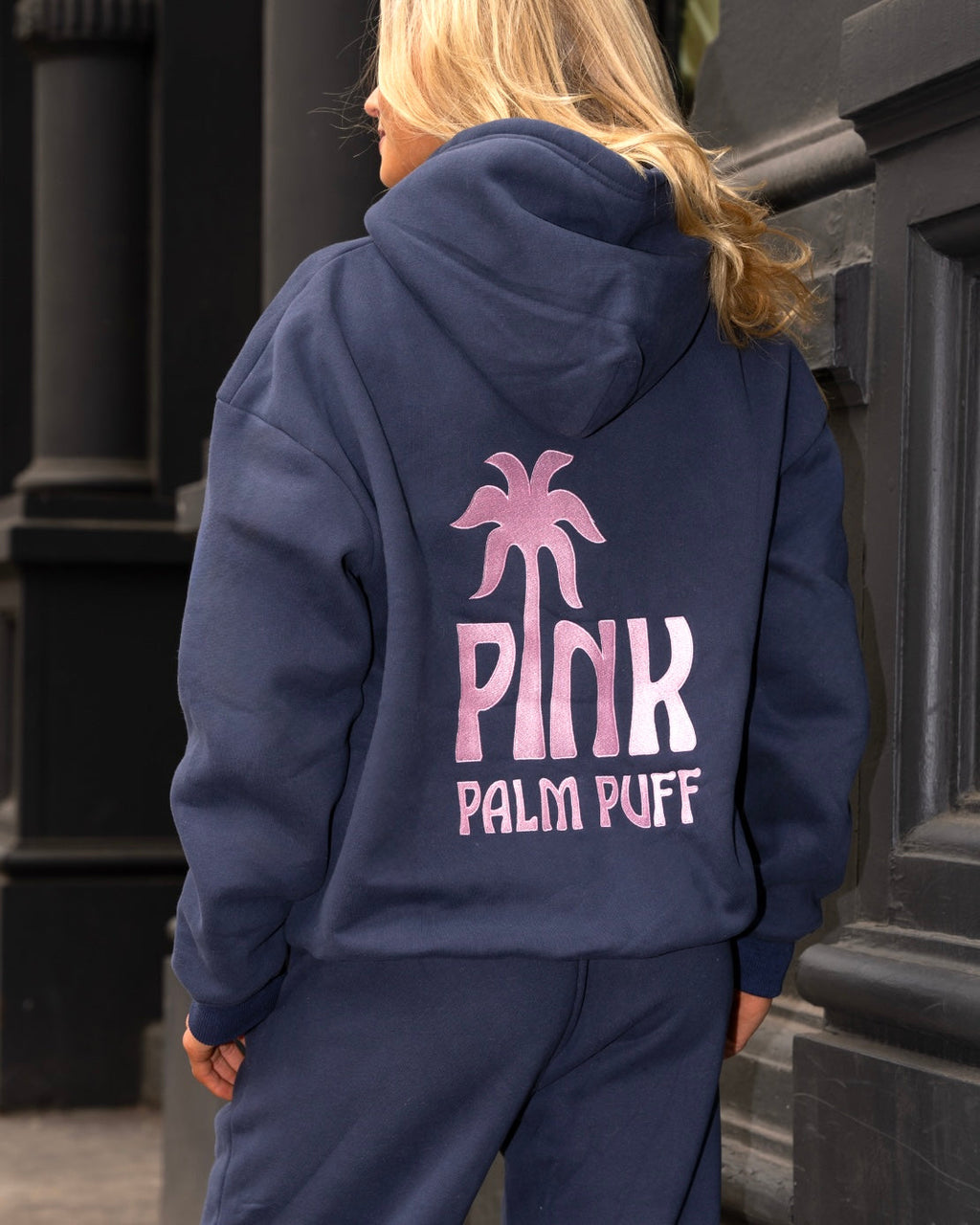 Pink Palm Puff Classic Puff Hoodie in Navy