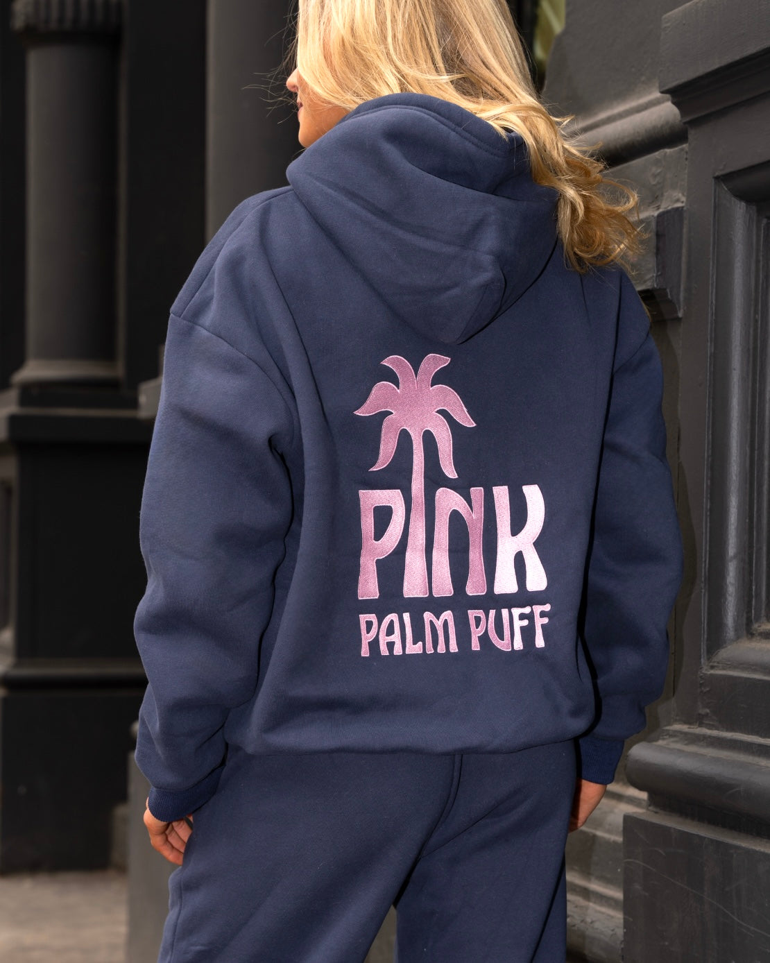 Pink Palm Puff Classic Puff Hoodie in Navy