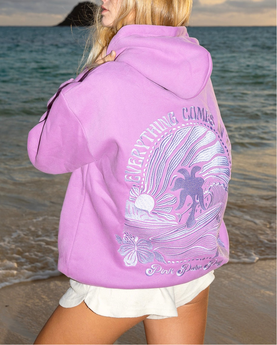 Pink Palm Puff "Everything Comes in Waves" Hoodie in Açai