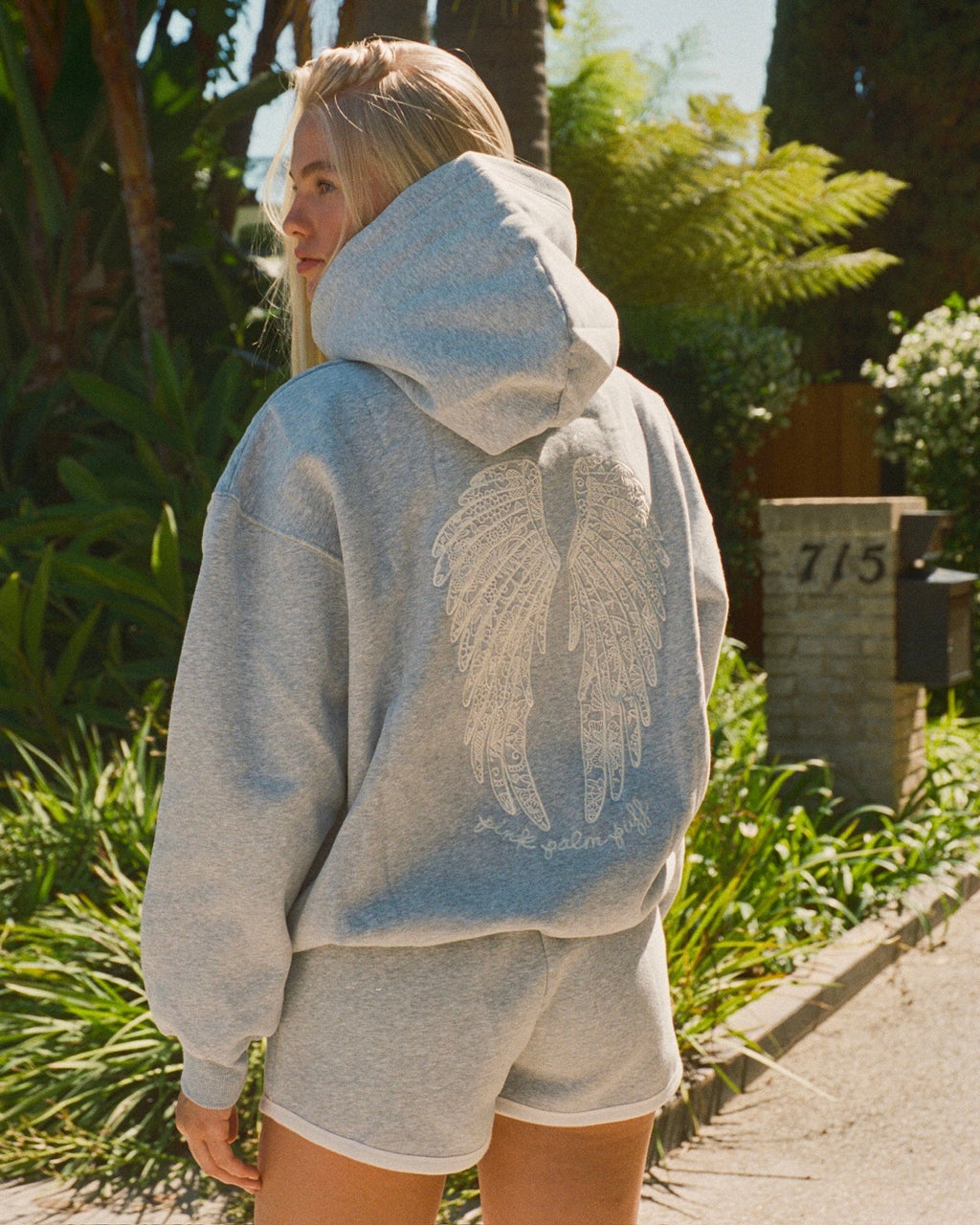 Pink Palm Puff "Lacy" Hoodie in Sky Grey