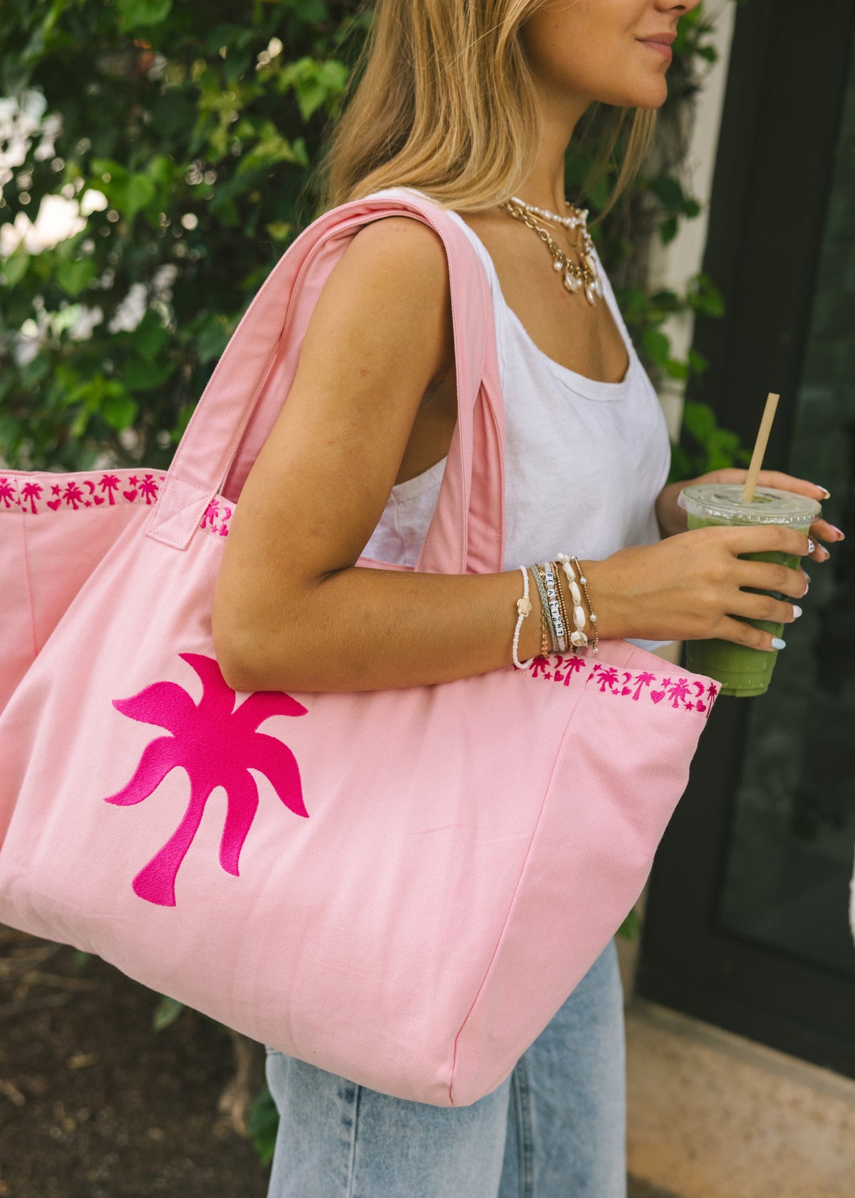 Pink Palm Puff Couture Carryall in Blush Bay (Reversible)