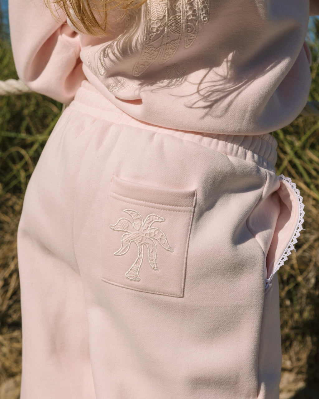 Pink Palm Puff "Lacy" Wideleg Sweatpants in Angel Pink