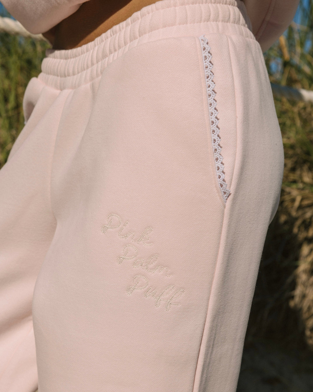 Pink Palm Puff "Lacy" Wideleg Sweatpants in Angel Pink