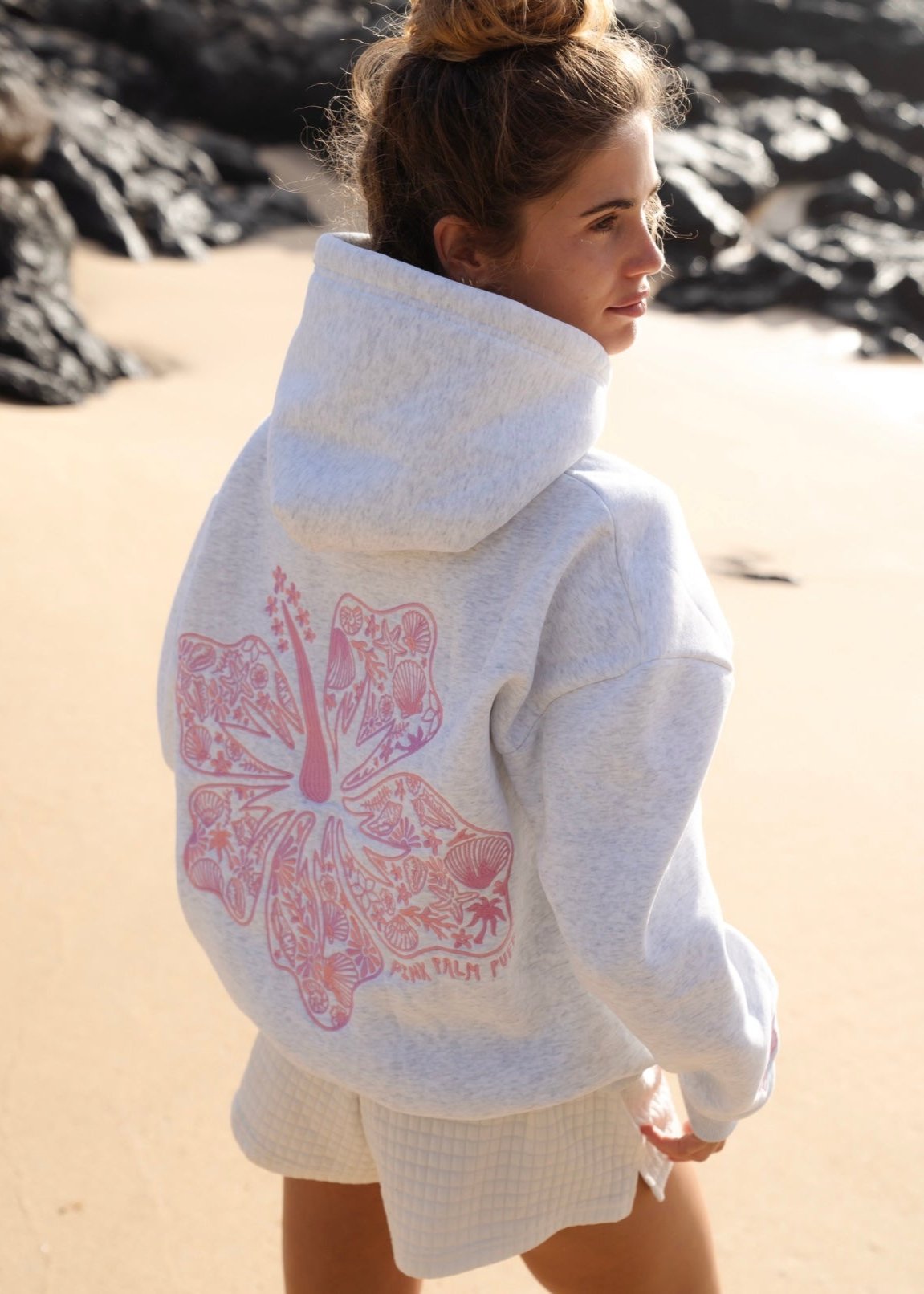 Pink Palm Puff "Hawaii Hibiscus" Hoodie in Heather Cloud