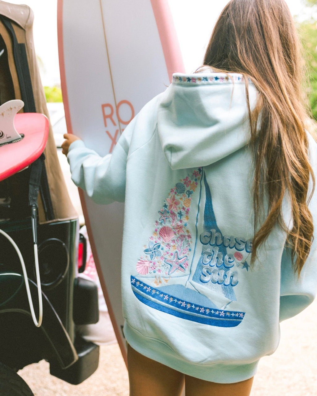 Pink Palm Puff “Chase the Sun” Relaxed Hoodie in Sky Blue