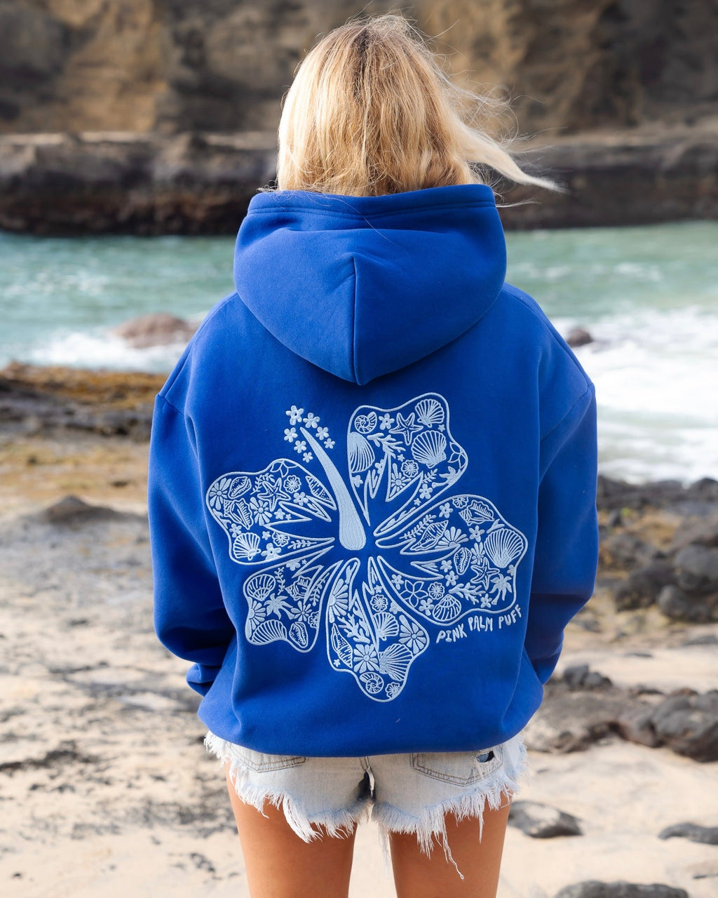 Pink Palm Puff "Hawaii Hibiscus" Hoodie in Oceanic