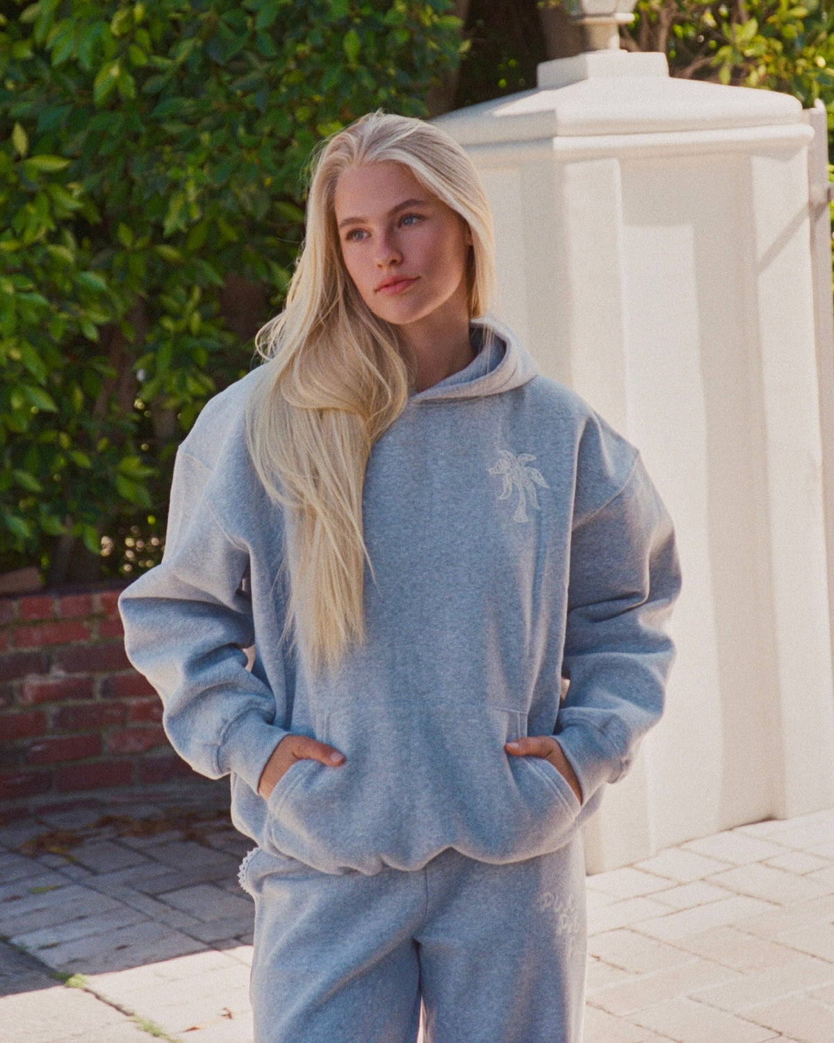 Pink Palm Puff "Lacy" Hoodie in Sky Grey
