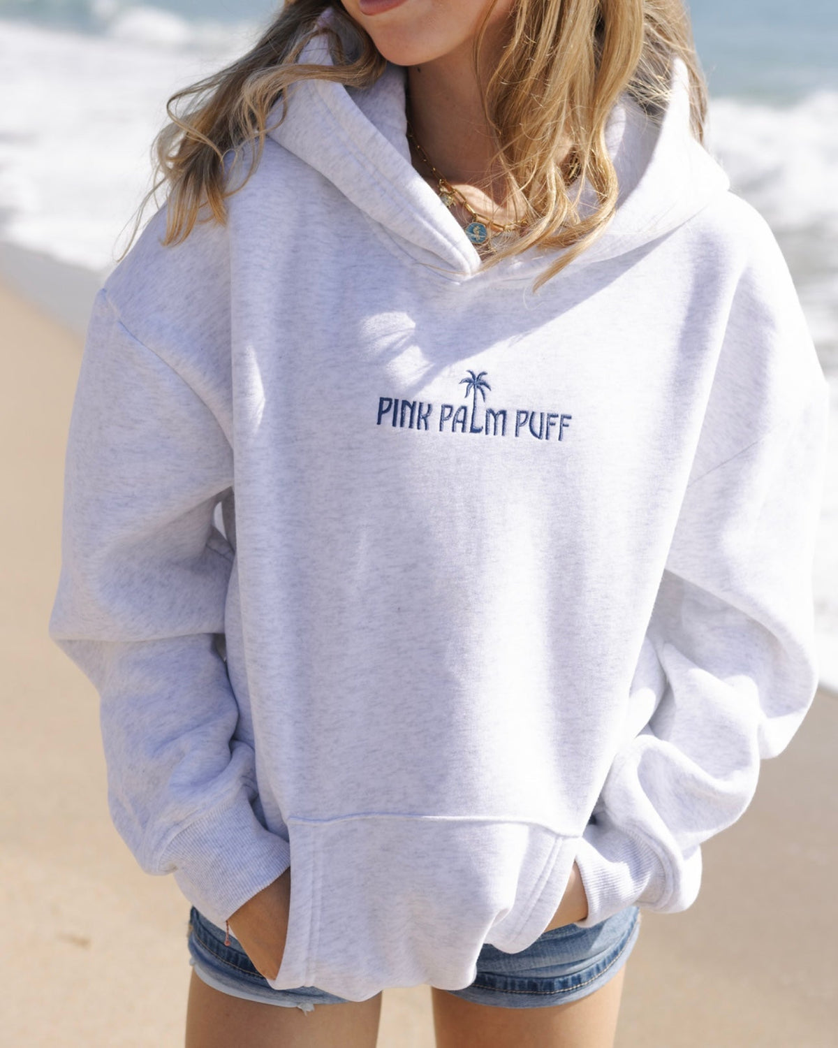 Pink Palm Puff Classic Puff Hoodie in Cloud