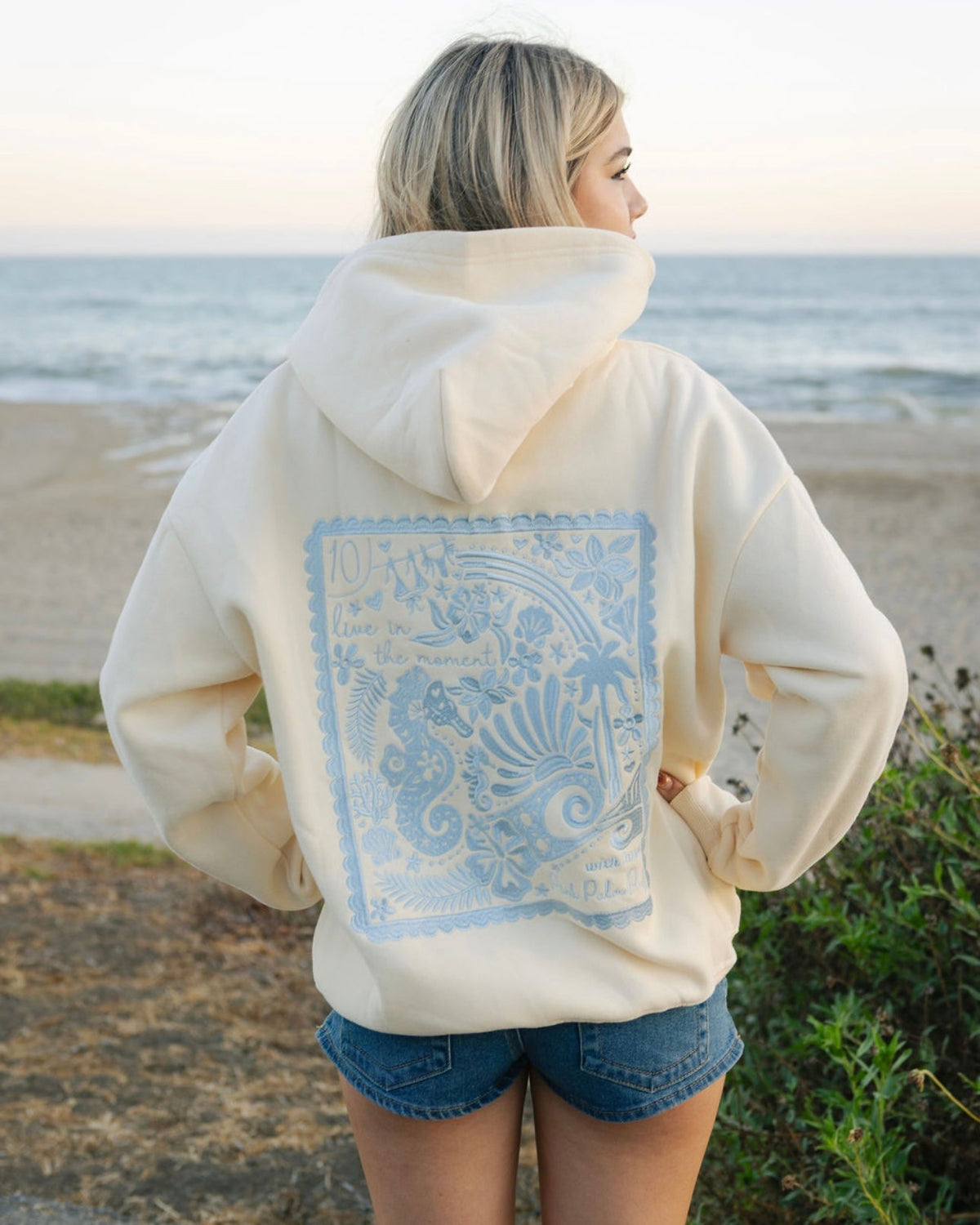 Pink Palm Puff "Live in the Moment" Hoodie in Sand