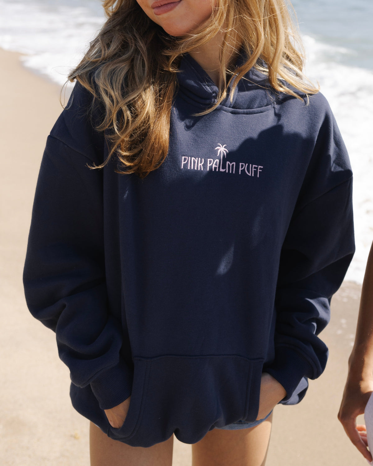 Pink Palm Puff Classic Puff Hoodie in Navy