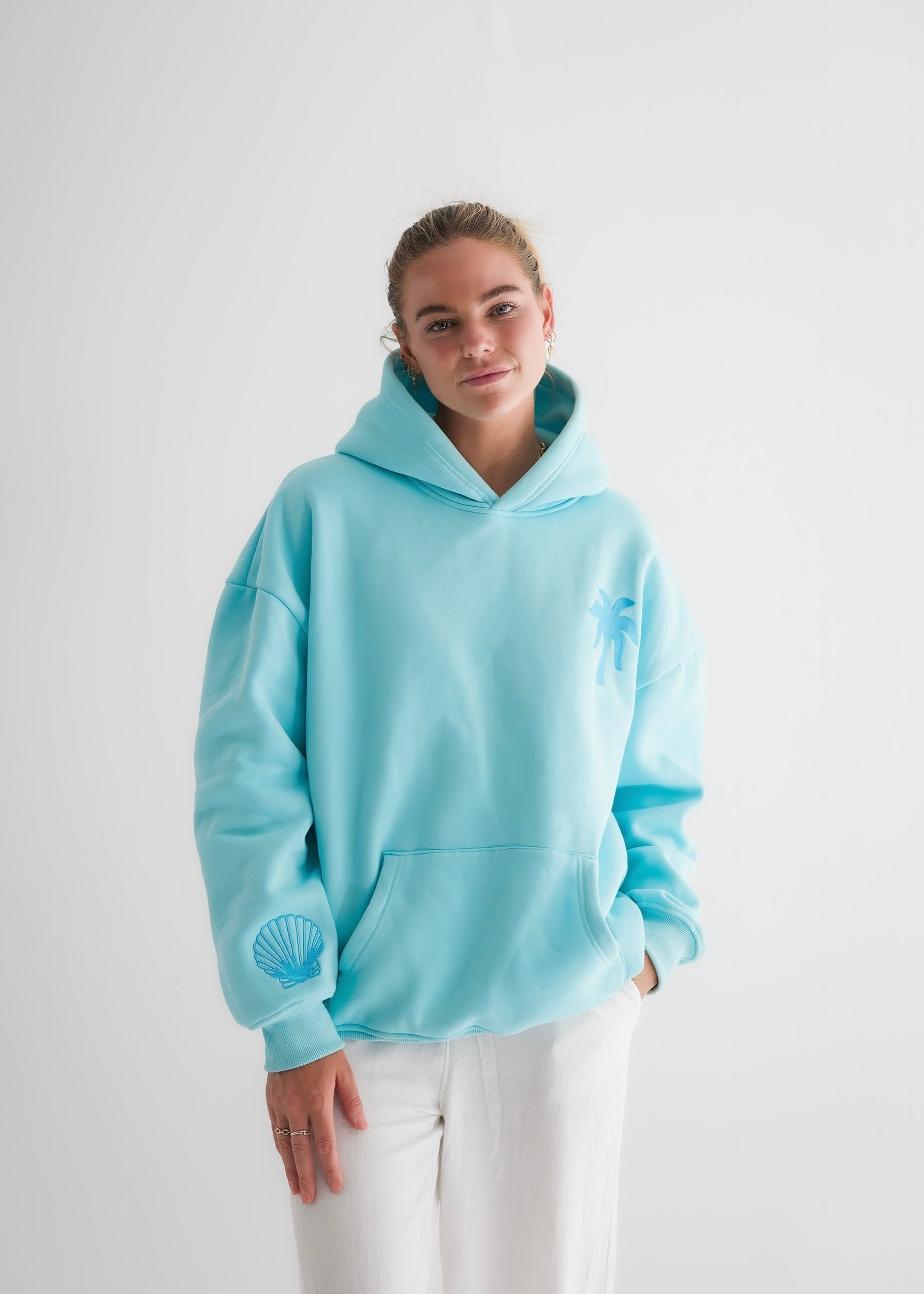 Pink Palm Puff "Hawaii Hibiscus" Hoodie in Aquamarine