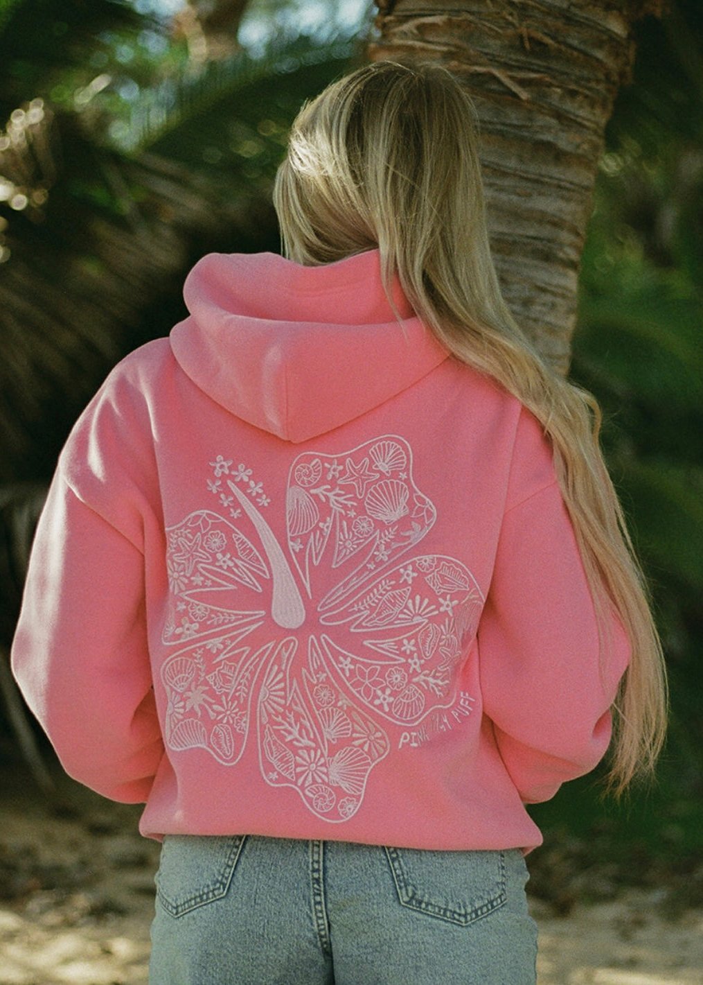 Pink Palm Puff "Hawaii Hibiscus" Hoodie in Sonic Pink