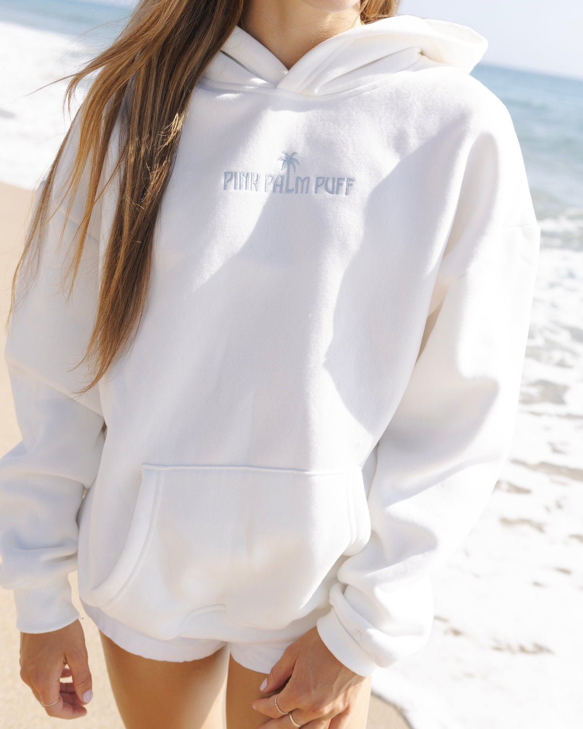 Pink Palm Puff Classic Puff Hoodie in Ocean Air