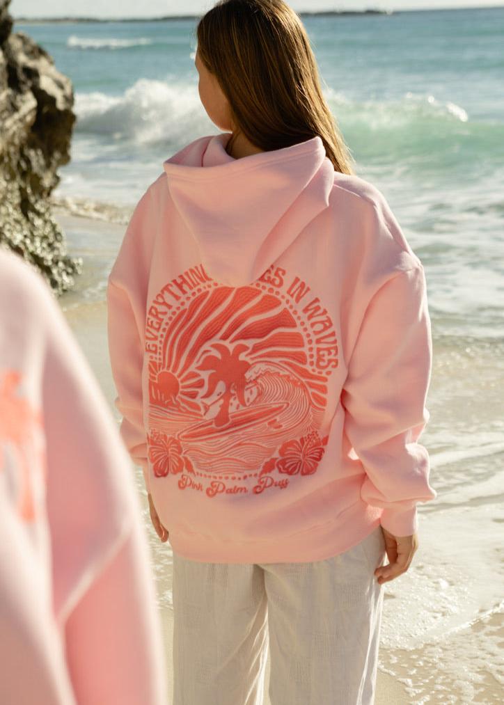 Pink Palm Puff "Everything Comes in Waves" Hoodie in Pink