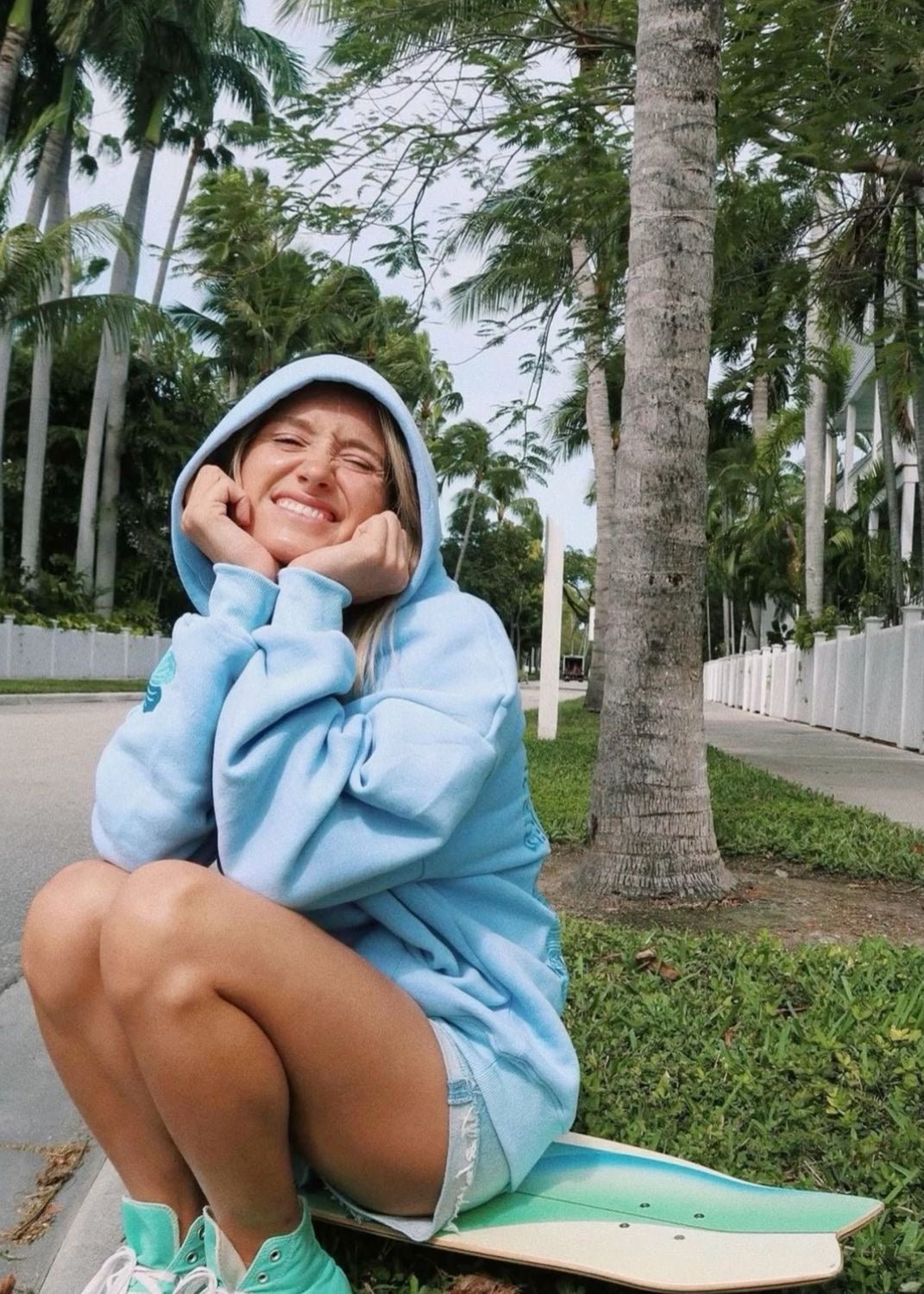 Pink Palm Puff "Everything Comes in Waves” Hoodie in Blue