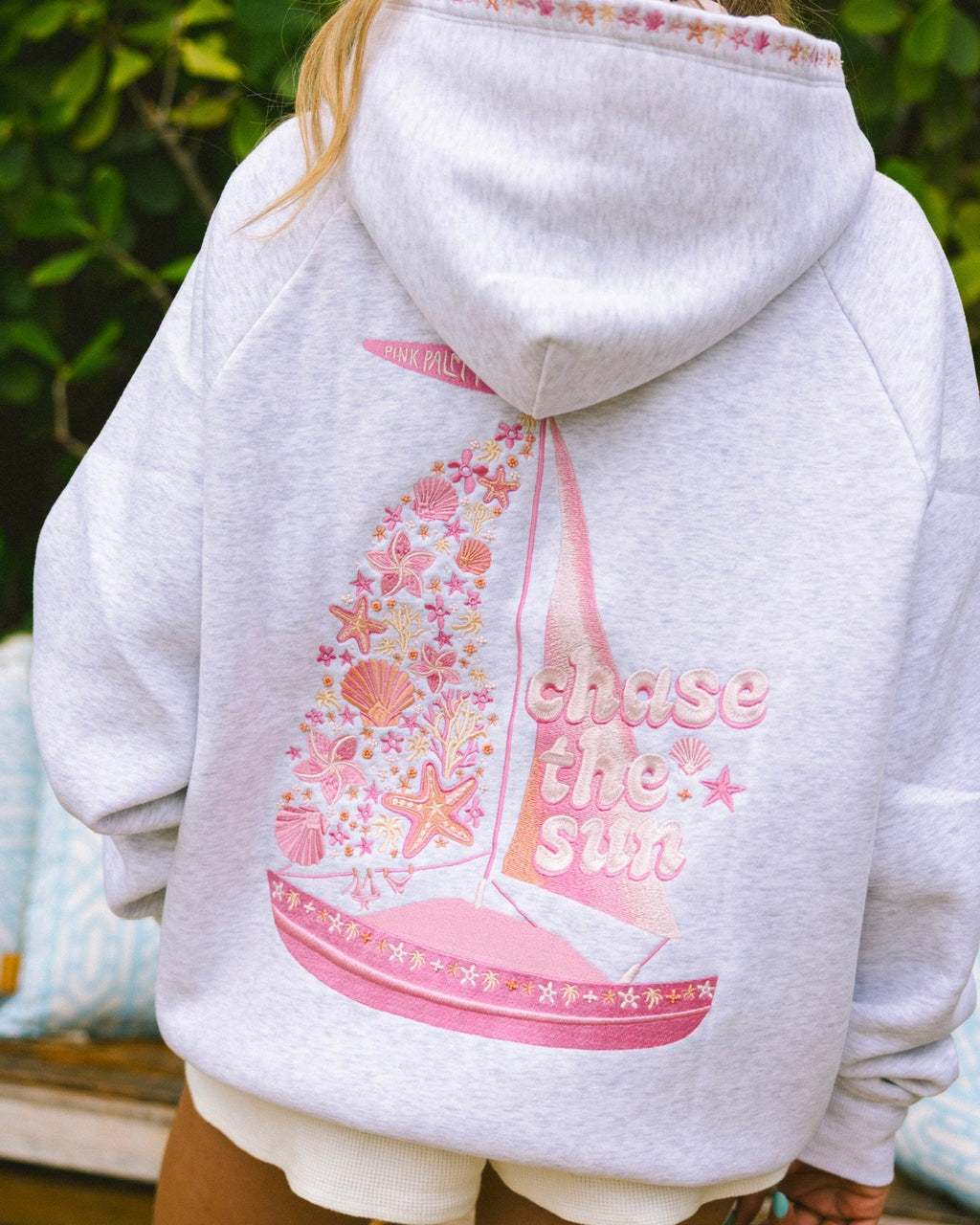 Pink Palm Puff “Chase the Sun” Relaxed Hoodie in Heather Cloud