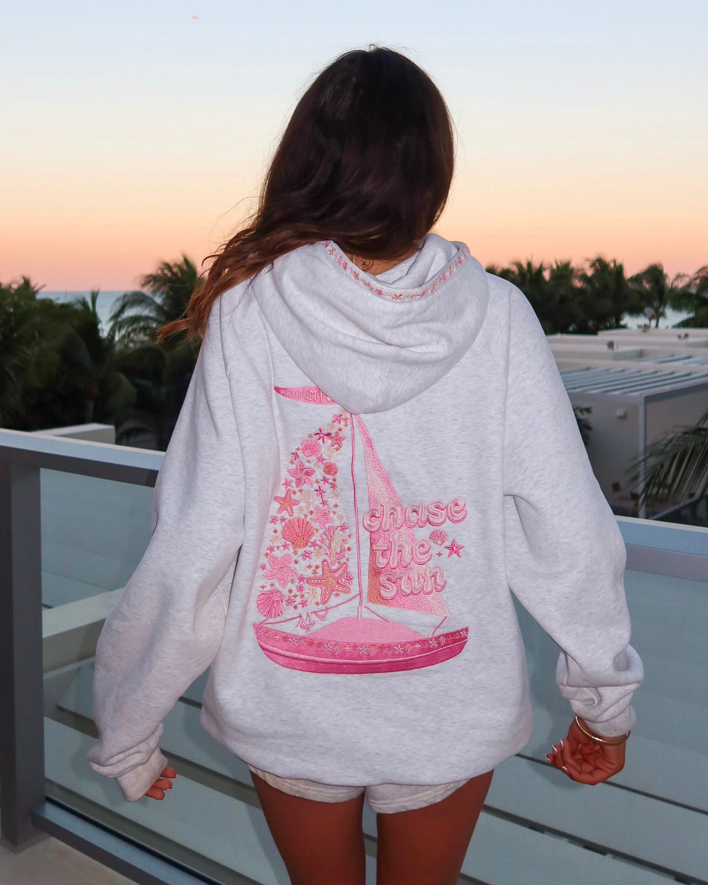 Pink Palm Puff “Chase the Sun” Relaxed Hoodie in Heather Cloud