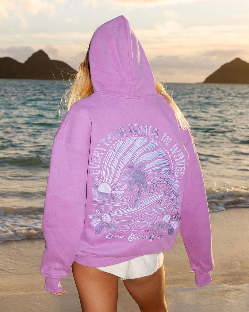 Pink Palm Puff "Everything Comes in Waves" Hoodie in Açai