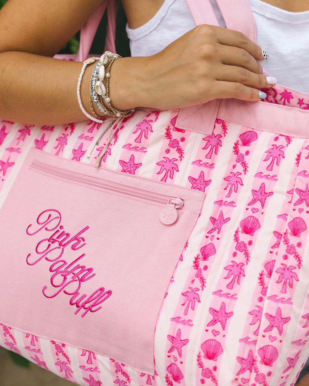 Pink Palm Puff Couture Carryall in Blush Bay (Reversible)