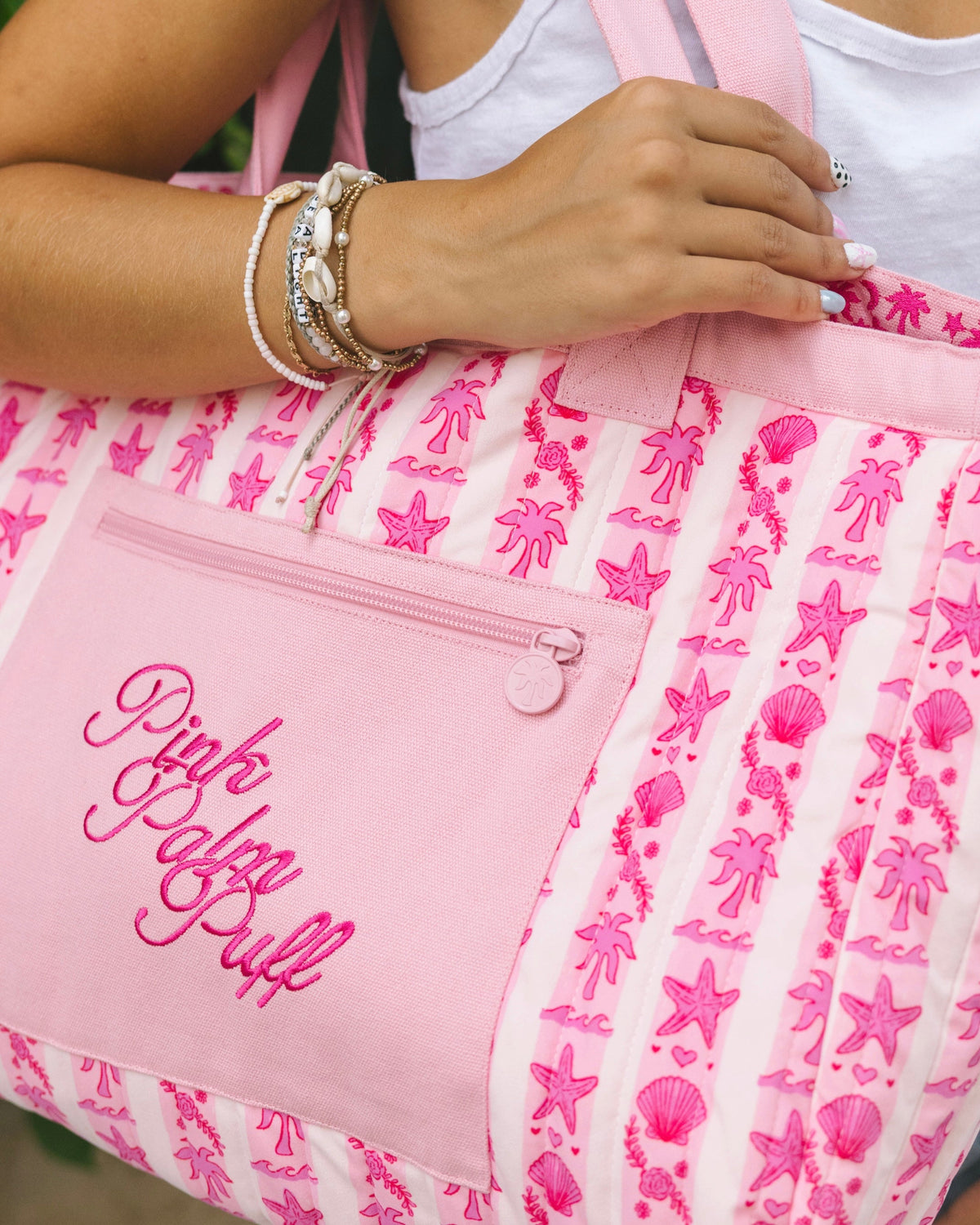 Pink Palm Puff Couture Carryall in Blush Bay (Reversible)