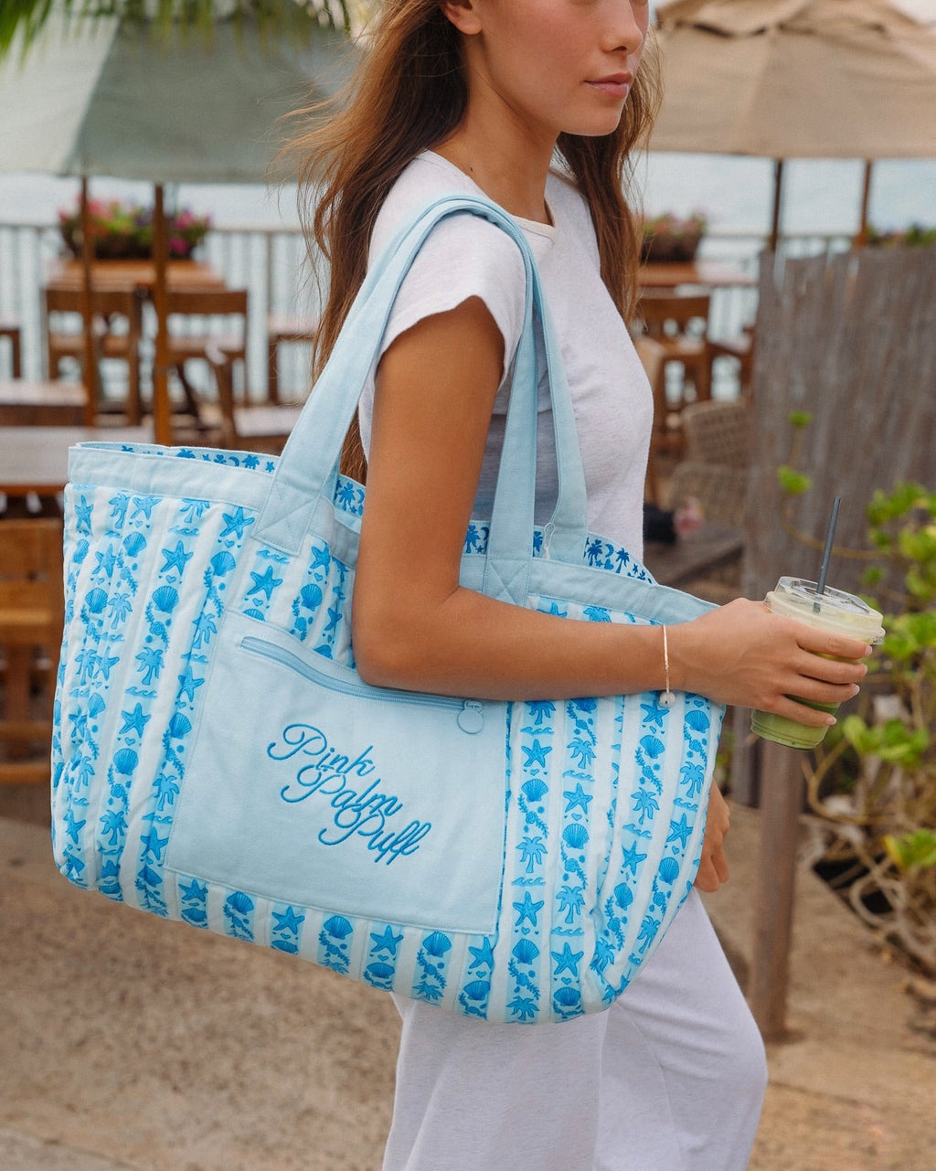 Pink Palm Puff Couture Carryall in Seabreeze (Reversible)