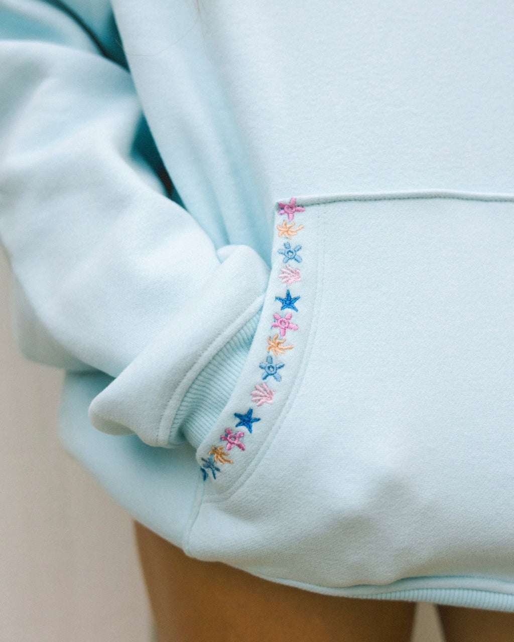 Pink Palm Puff “Chase the Sun” Relaxed Hoodie in Sky Blue