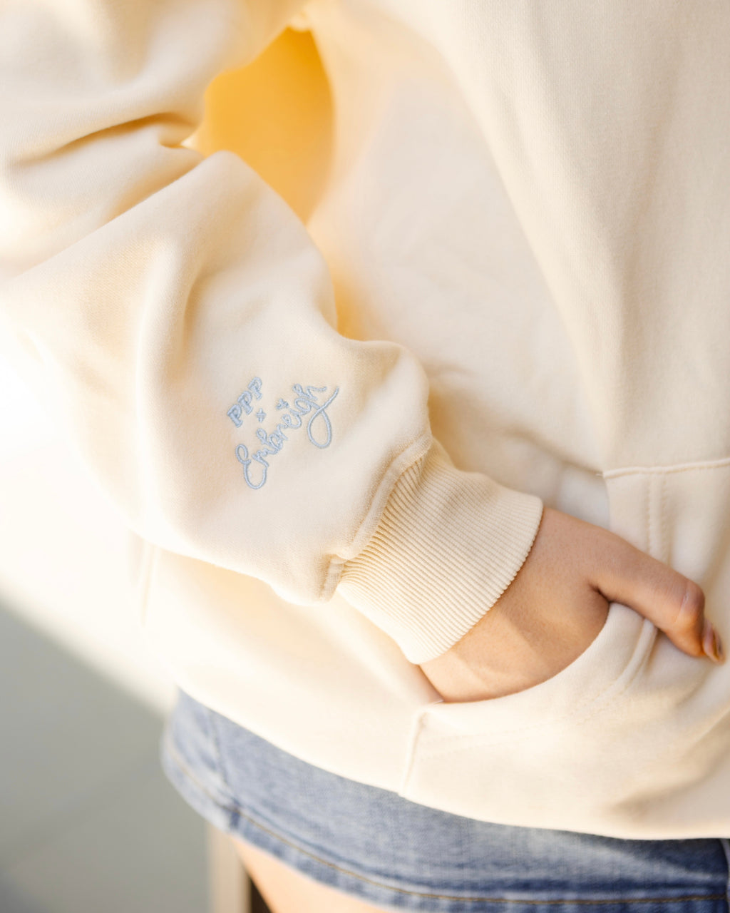 Pink Palm Puff "Live in the Moment" Hoodie in Sand