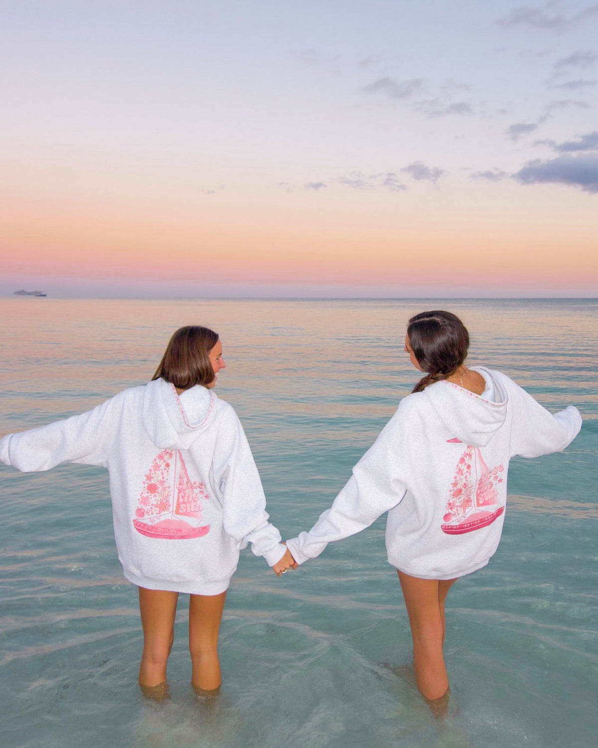 Pink Palm Puff “Chase the Sun” Relaxed Hoodie in Heather Cloud