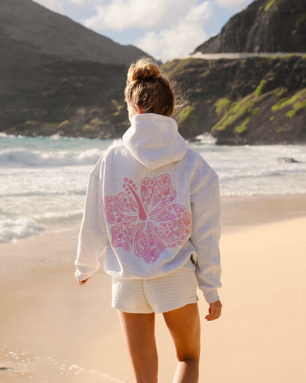 Pink Palm Puff "Hawaii Hibiscus" Hoodie in Heather Cloud
