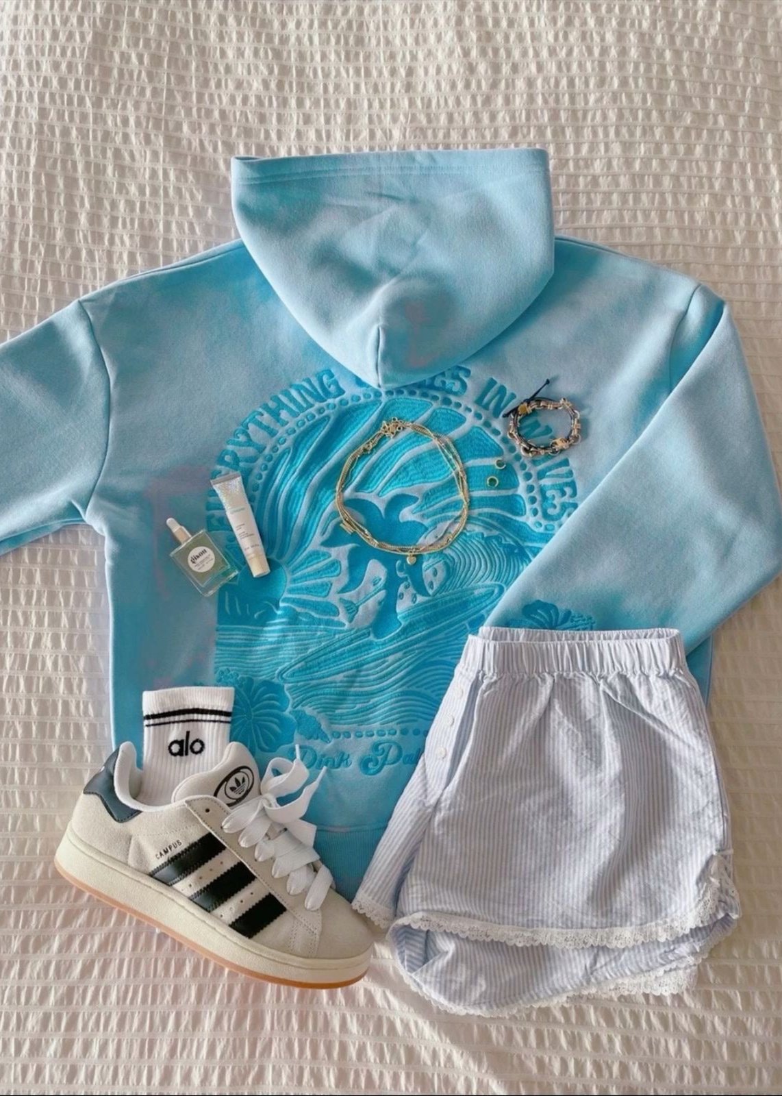 Pink Palm Puff "Everything Comes in Waves” Hoodie in Blue