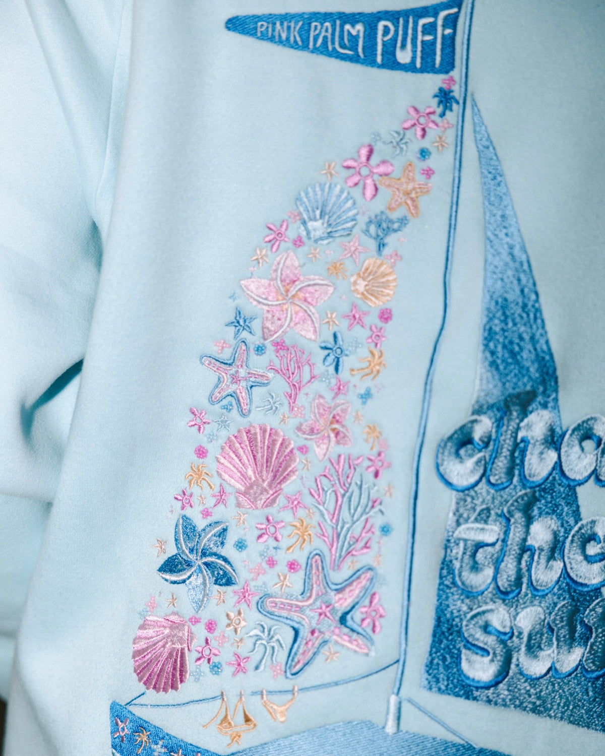 Pink Palm Puff “Chase the Sun” Relaxed Hoodie in Sky Blue