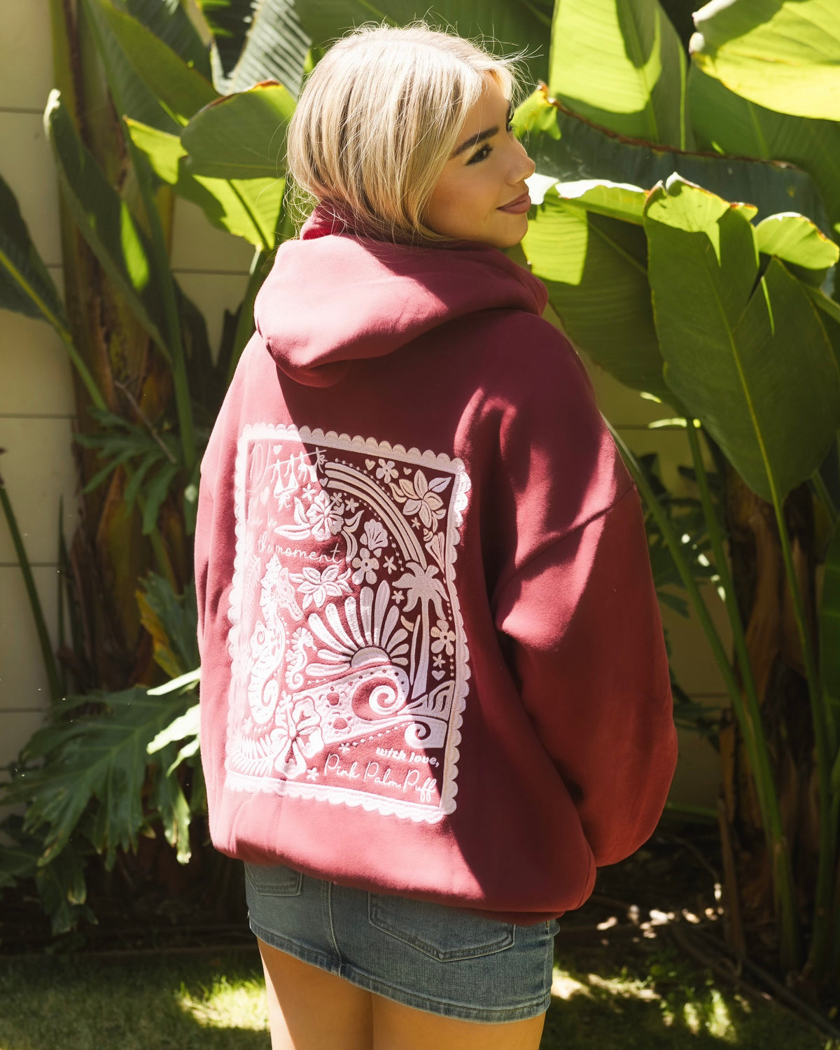 Pink Palm Puff "Live in the Moment" Hoodie in Cherry
