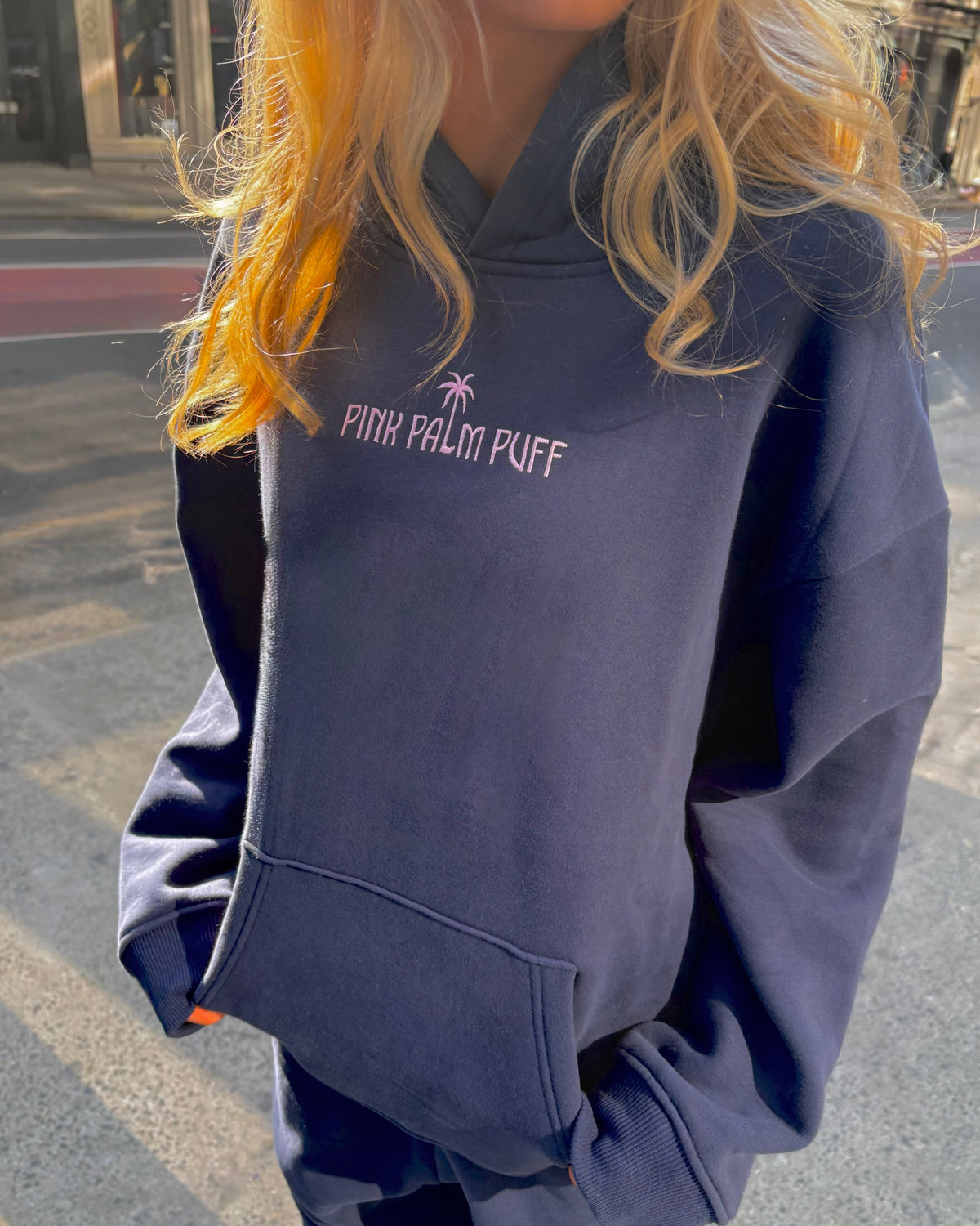 Pink Palm Puff Classic Puff Hoodie in Navy