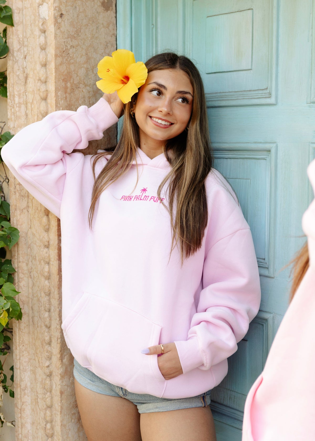Pink Palm Puff Classic Puff Hoodie in Blush