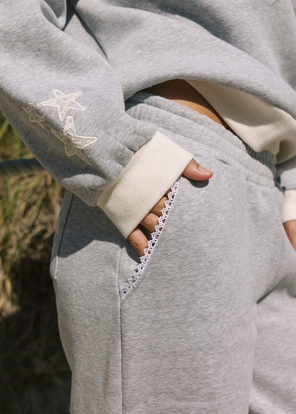 Pink Palm Puff "Lacy" Wideleg Sweatpants in Sky Grey