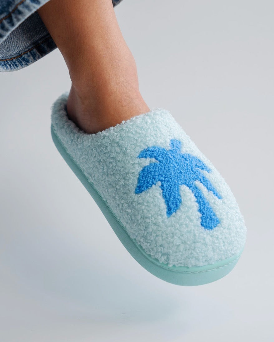 Pink Palm Puff Malibu Slippers in Seabreeze