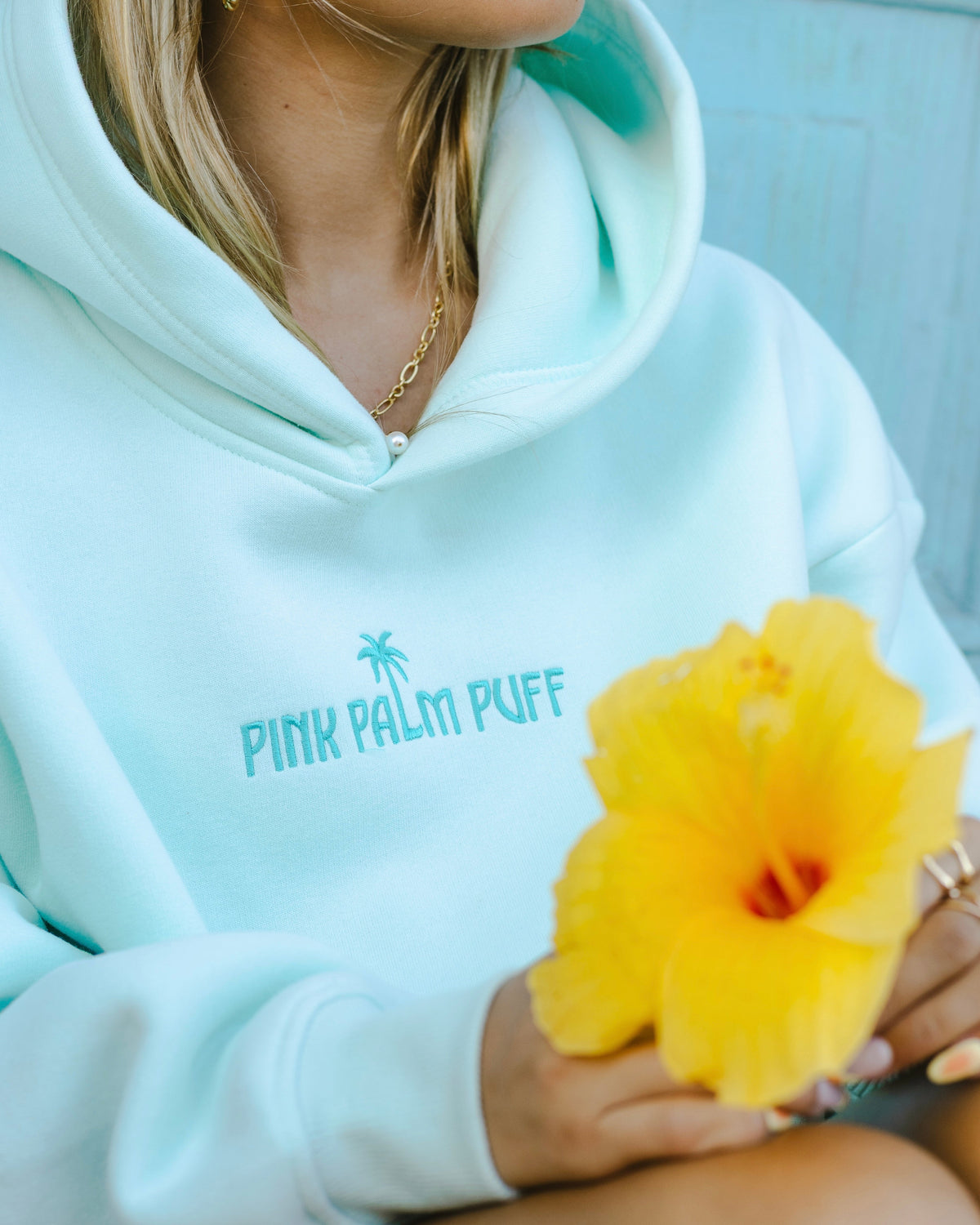 Pink Palm Puff Classic Puff Hoodie in Mint Breeze