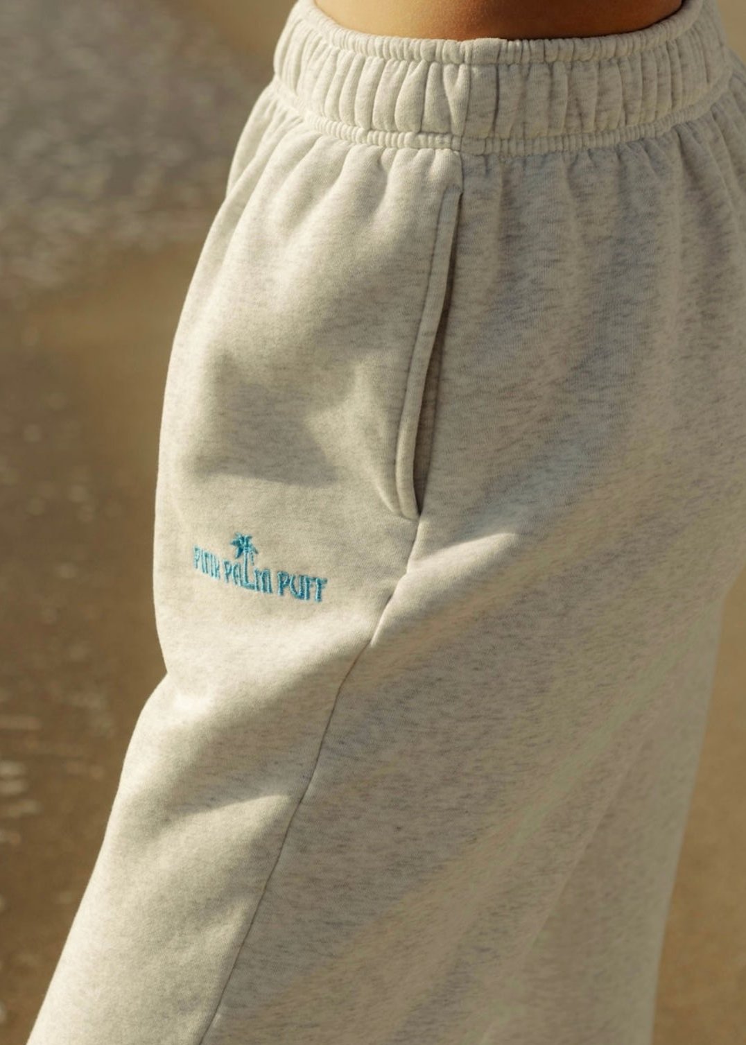 Pink Palm Puff Puff Sweatpants in Heather White