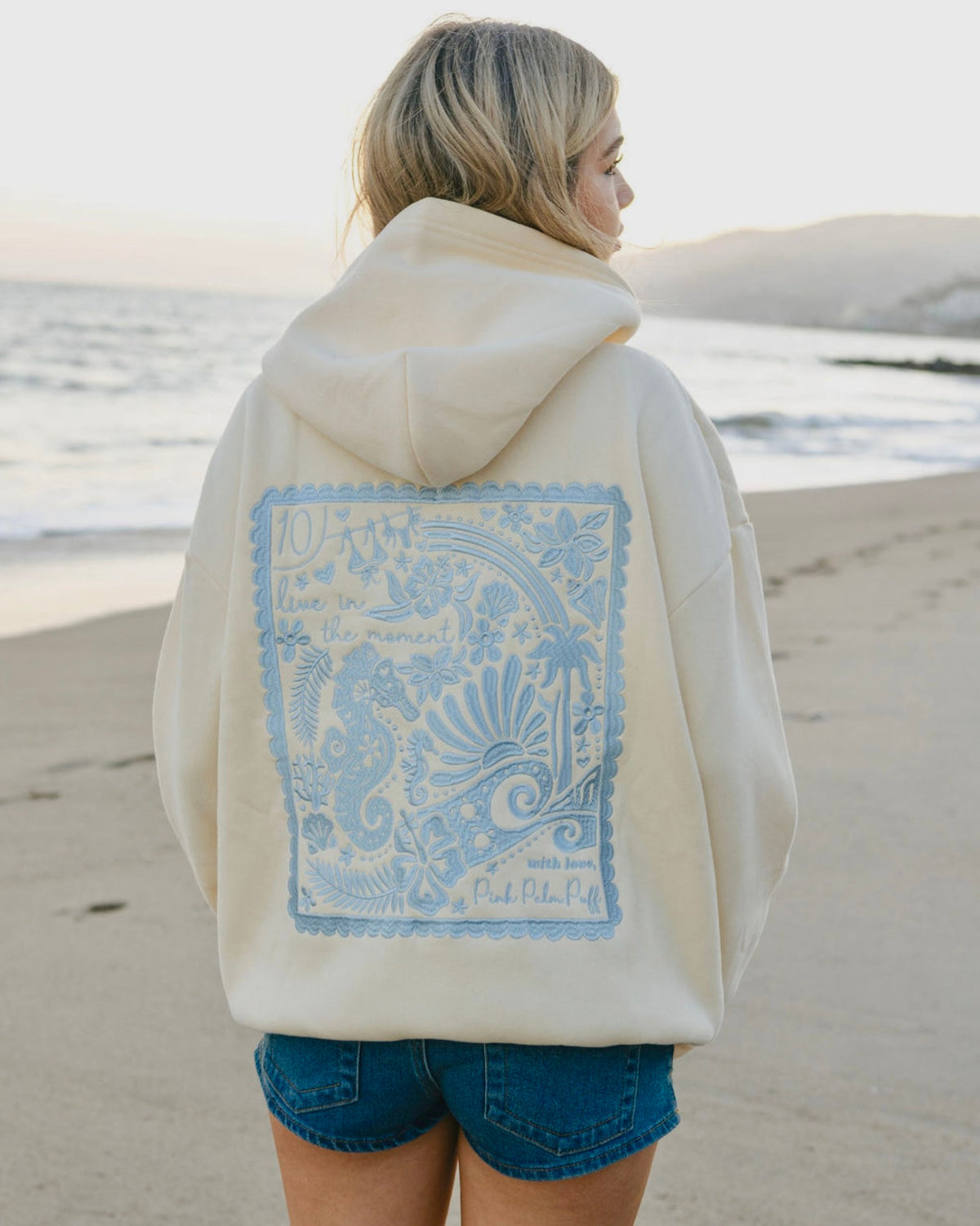 Pink Palm Puff "Live in the Moment" Hoodie in Sand