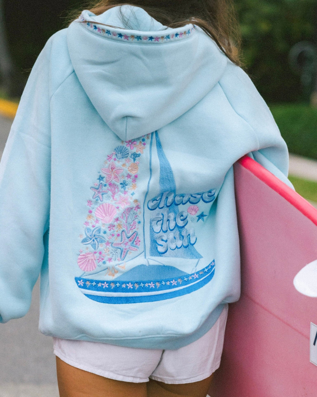 Pink Palm Puff “Chase the Sun” Relaxed Hoodie in Sky Blue
