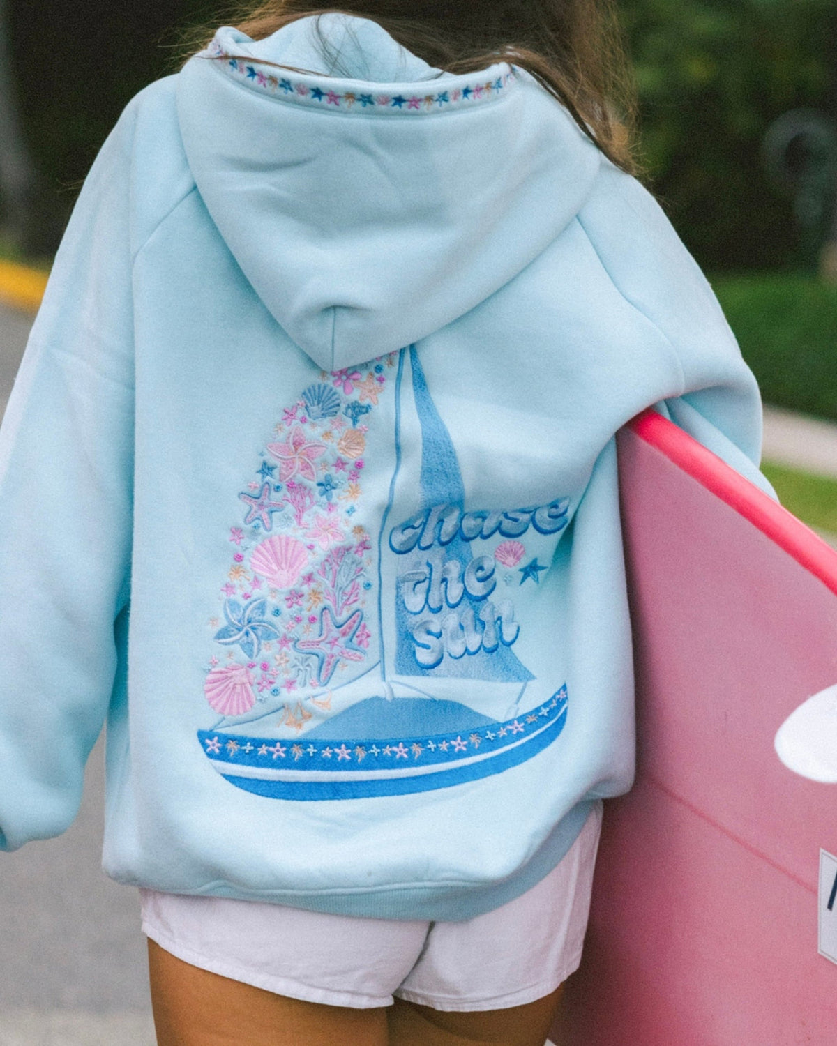 Pink Palm Puff “Chase the Sun” Relaxed Hoodie in Sky Blue