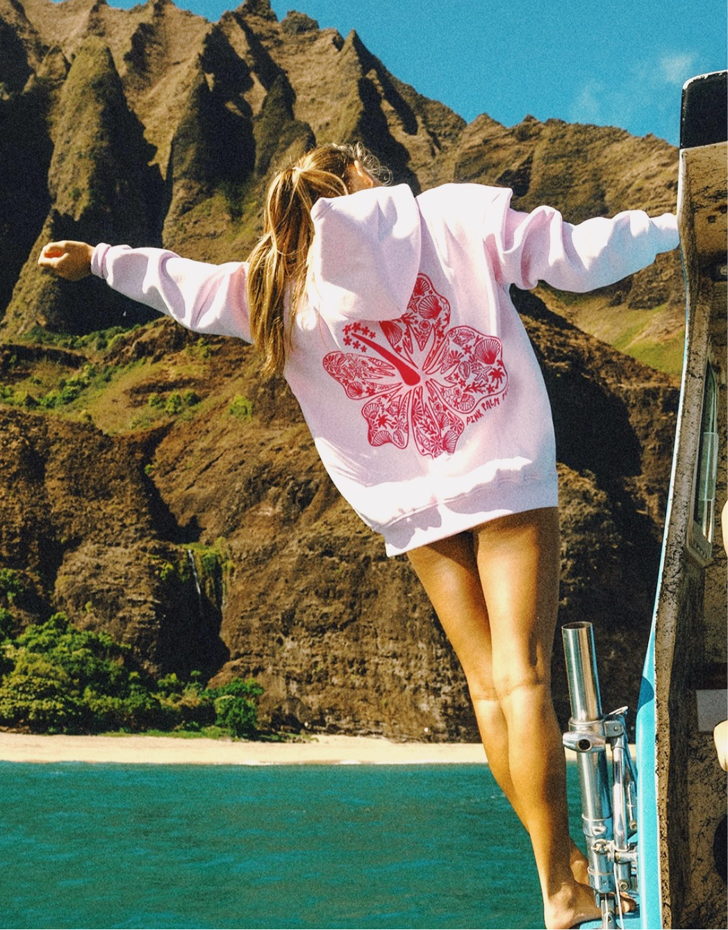 Pink Palm Puff "Hawaii Hibiscus" Hoodie in Blush