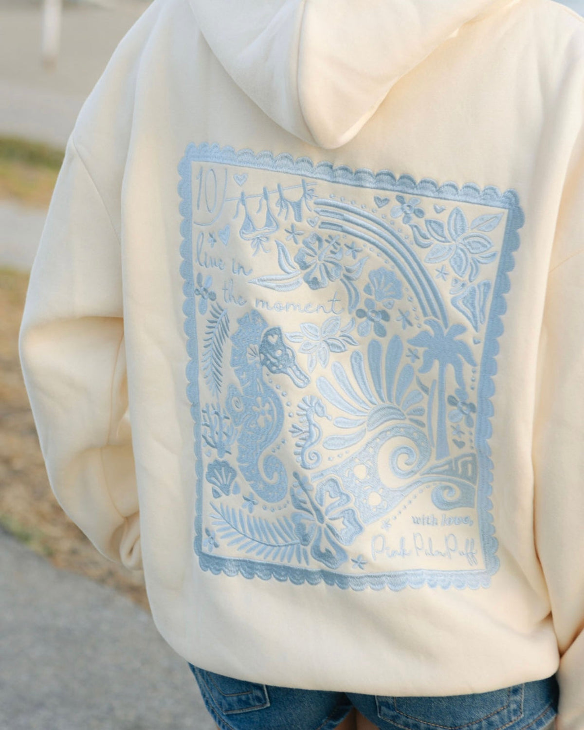 Pink Palm Puff "Live in the Moment" Hoodie in Sand