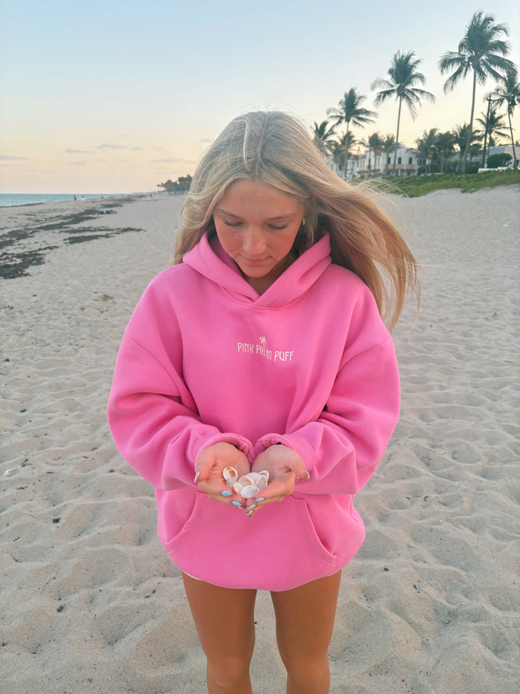 Pink Palm Puff Classic Puff Hoodie in Raspberry