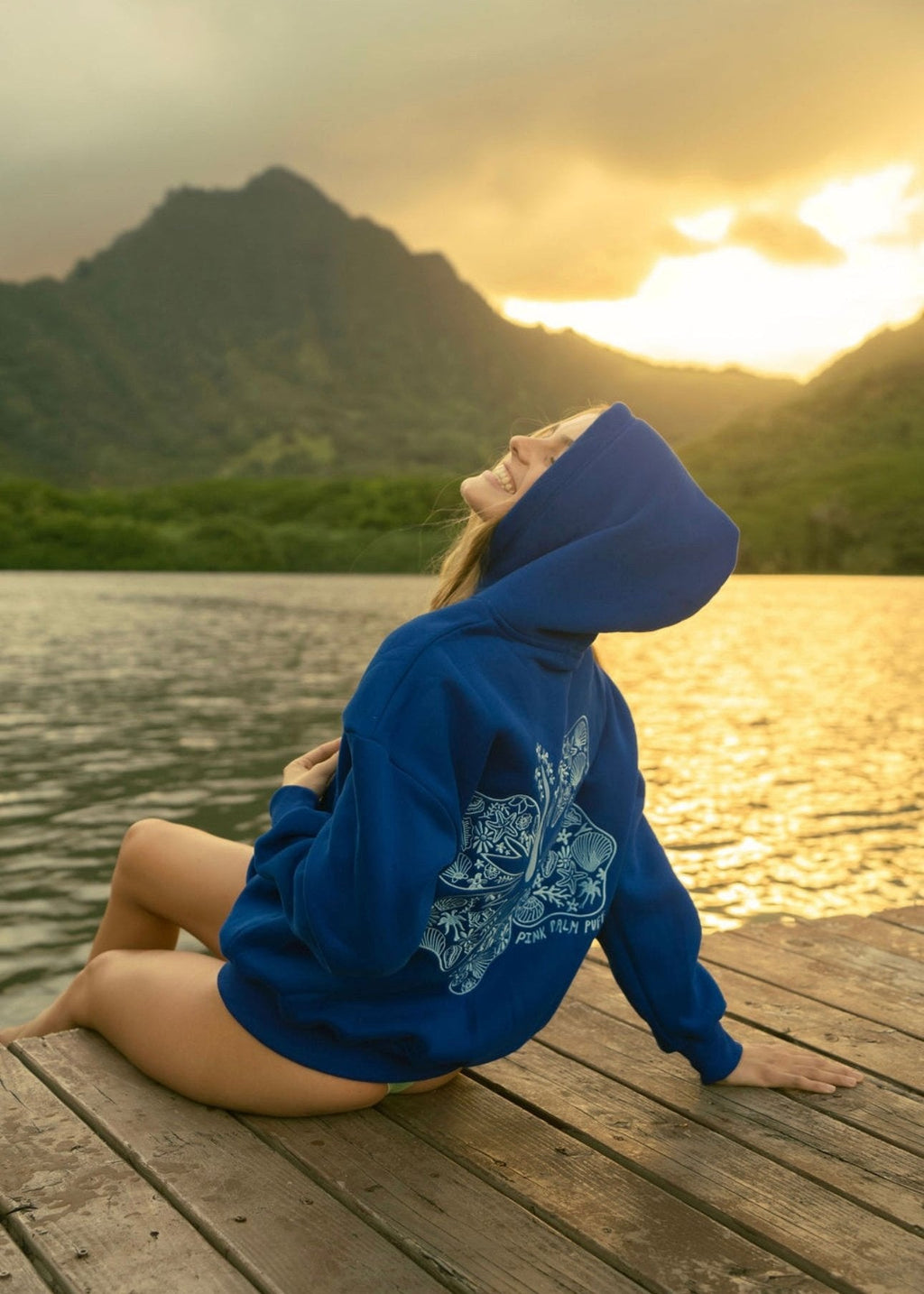 Pink Palm Puff "Hawaii Hibiscus" Hoodie in Oceanic