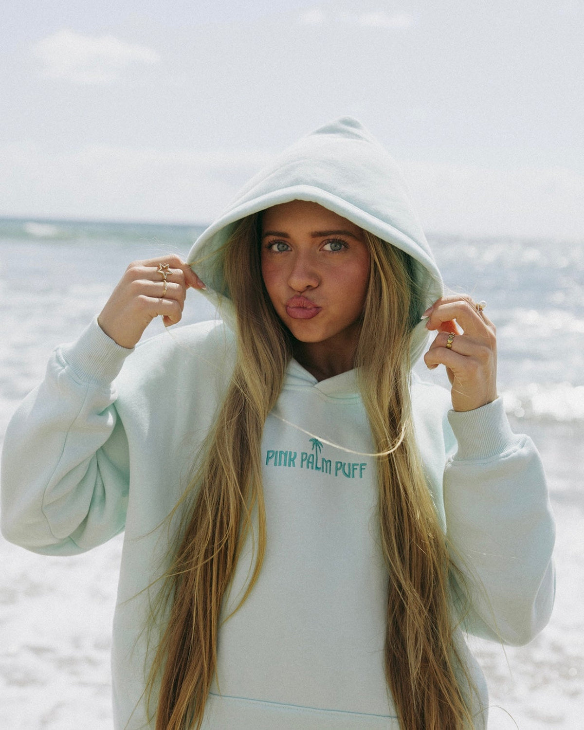 Pink Palm Puff Classic Puff Hoodie in Mint Breeze