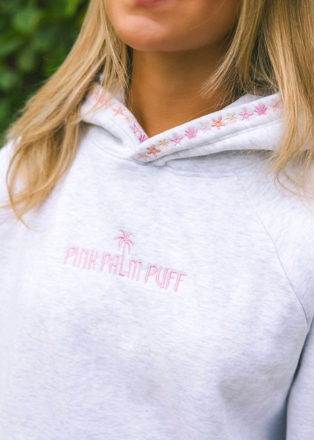 Pink Palm Puff “Chase the Sun” Relaxed Hoodie in Heather Cloud