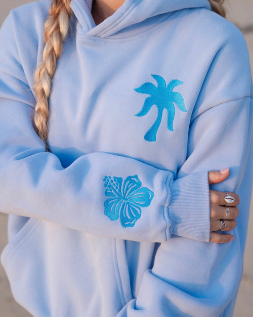 Pink Palm Puff "Everything Comes in Waves” Hoodie in Blue